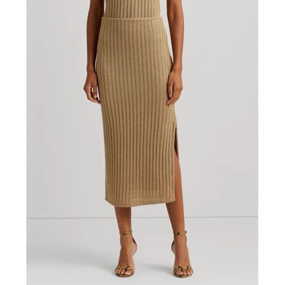 Ralph Lauren Ribbed Knit Midi Skirt Linen Beige Brown Neutral Medium Normcore - Picture 1 of 9